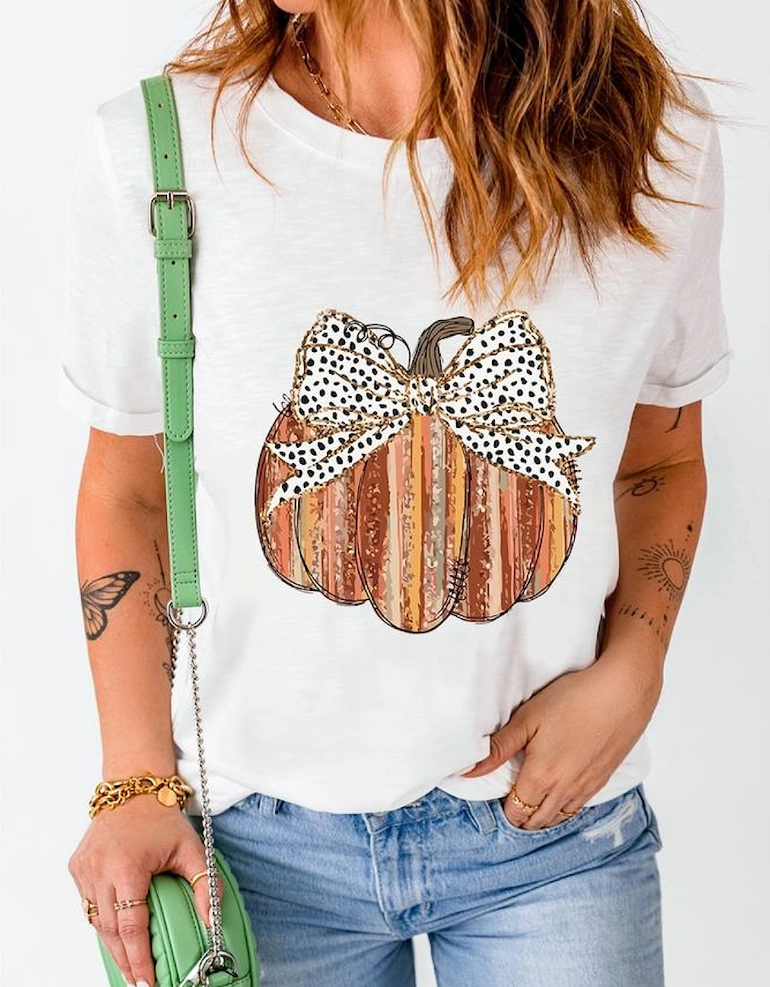 White Thanksgiving Bow Knot Pumpkin Print Round Neck T Shirt