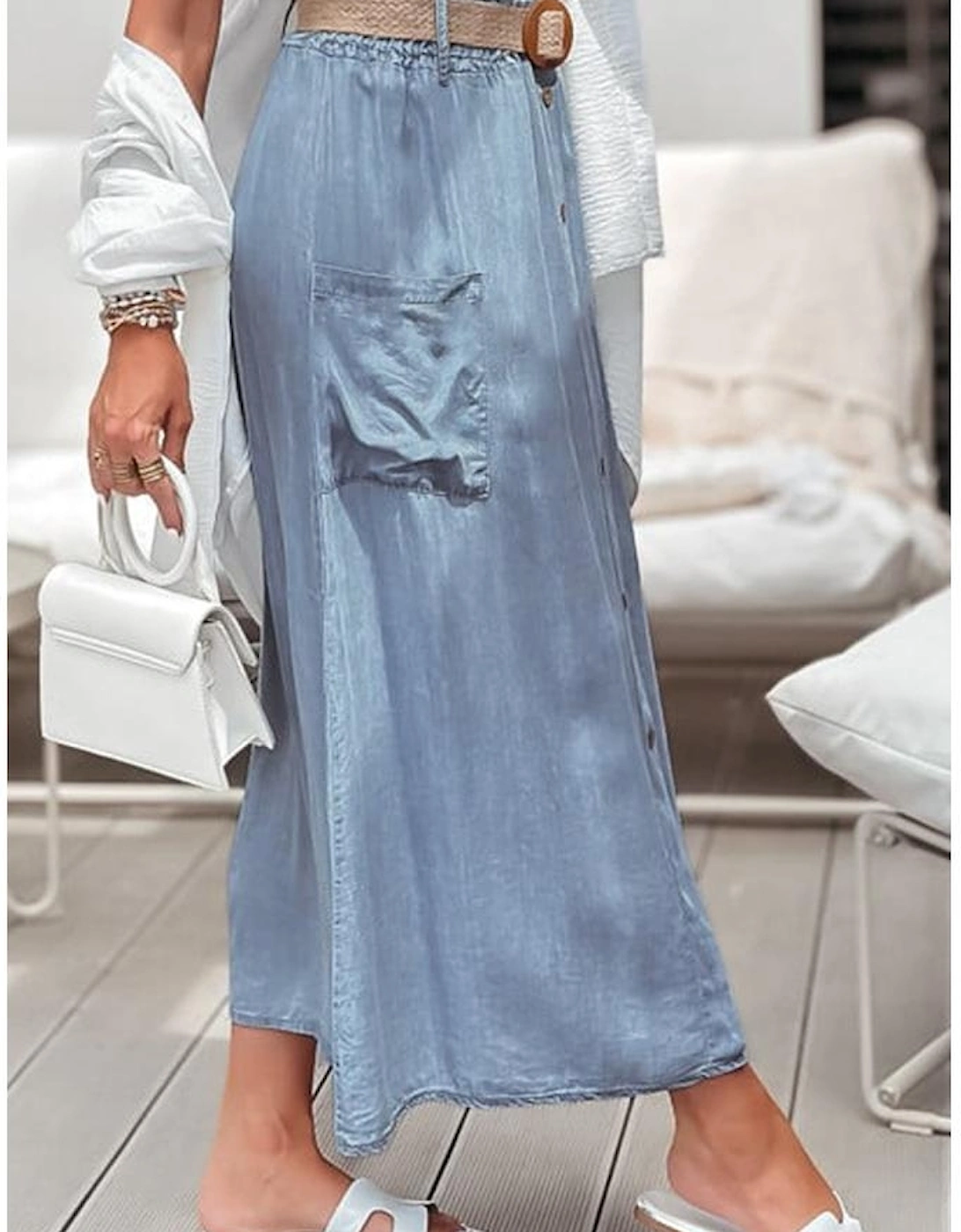 Beau Blue Buttoned Front High Waist Side Pockets Denim Maxi Skirt