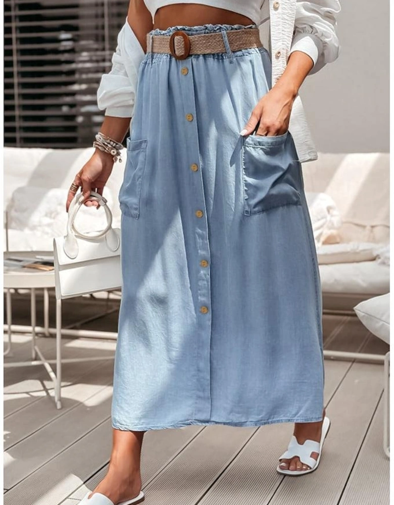 Beau Blue Buttoned Front High Waist Side Pockets Denim Maxi Skirt