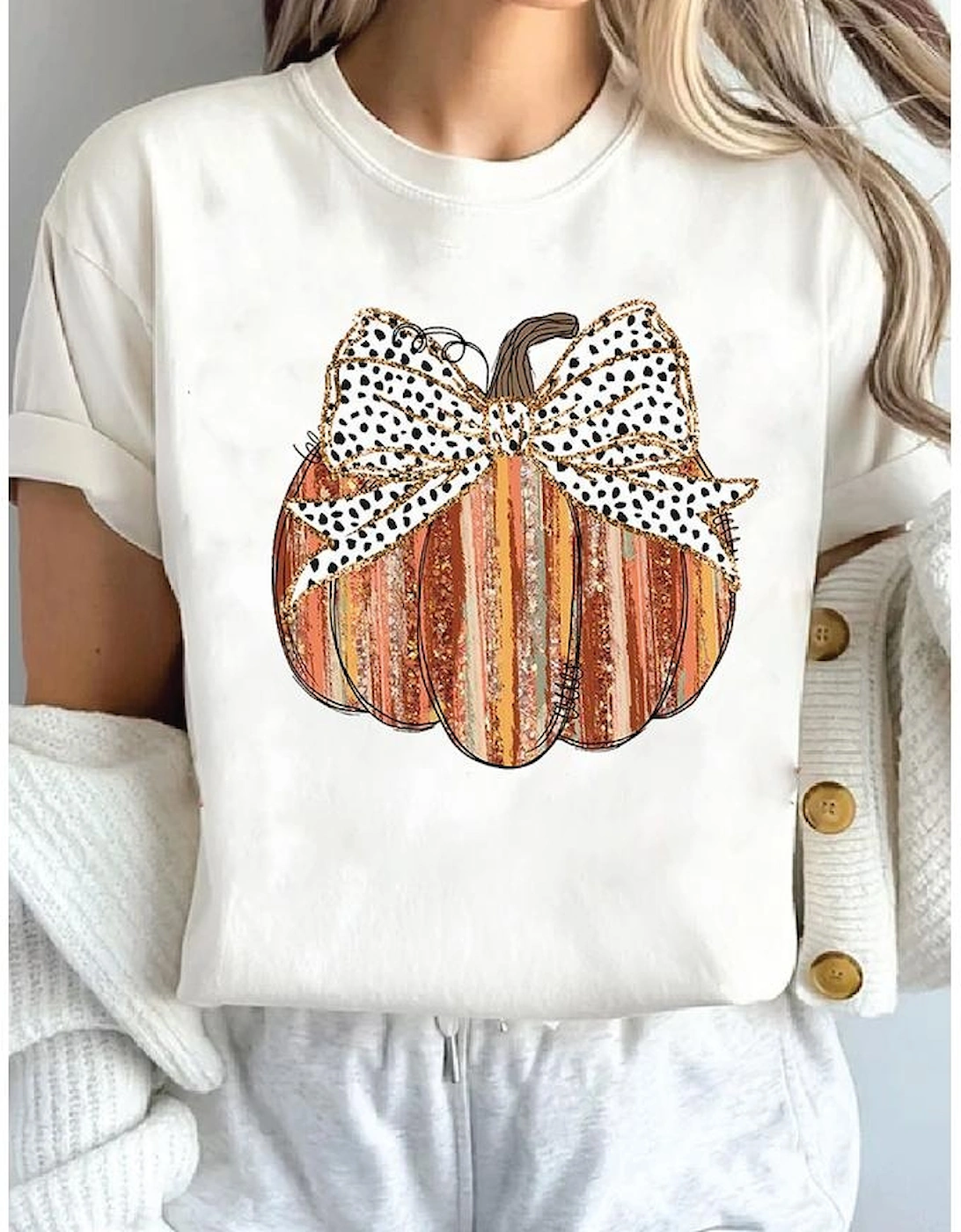 White Thanksgiving Bow Knot Pumpkin Print Round Neck T Shirt, 9 of 8