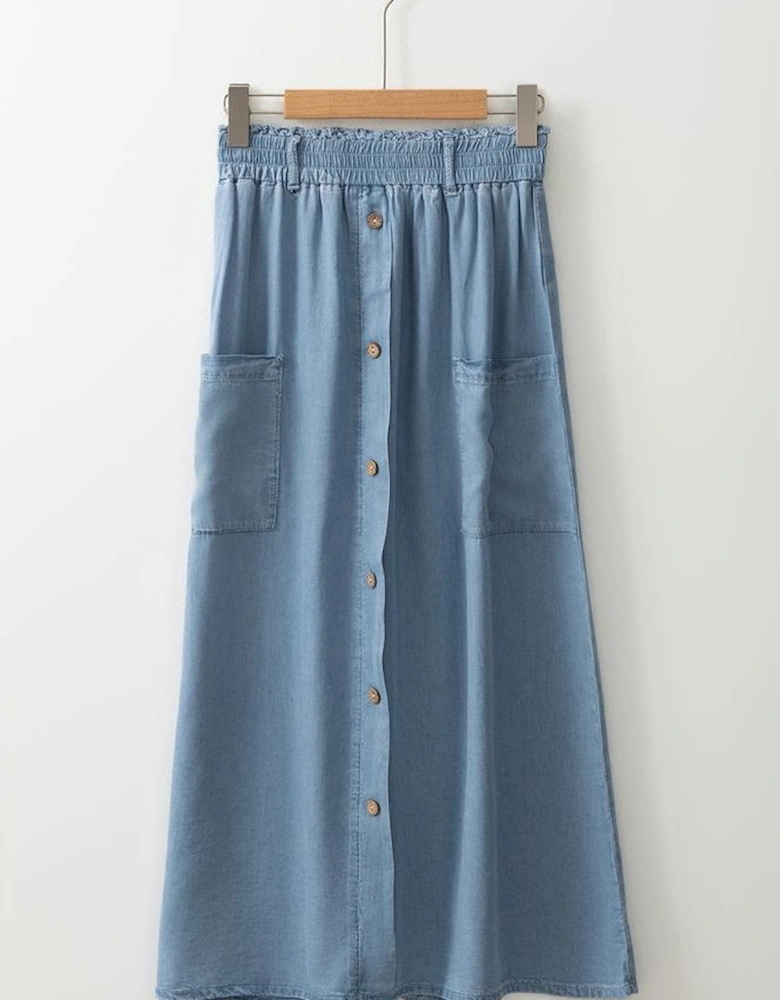 Beau Blue Buttoned Front High Waist Side Pockets Denim Maxi Skirt