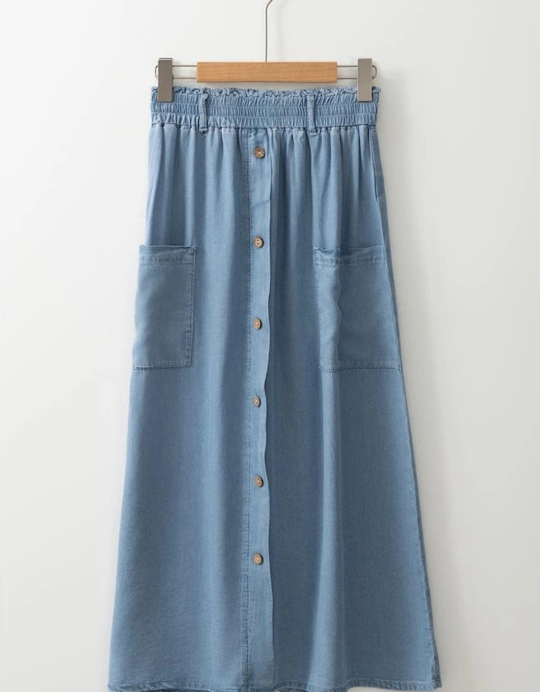 Beau Blue Buttoned Front High Waist Side Pockets Denim Maxi Skirt