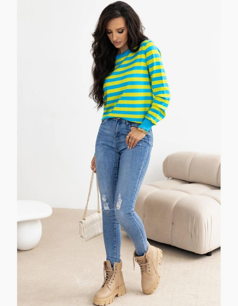 Green Stripe Crew Neck Drop Shoulder Casual Sweater