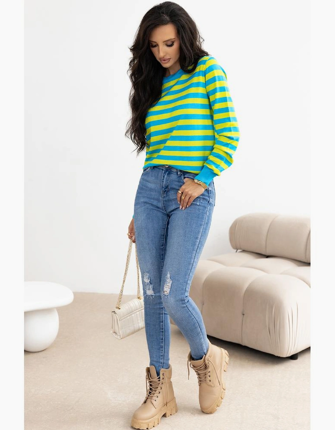 Green Stripe Crew Neck Drop Shoulder Casual Sweater