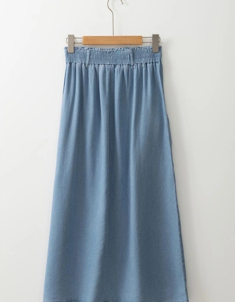 Beau Blue Buttoned Front High Waist Side Pockets Denim Maxi Skirt