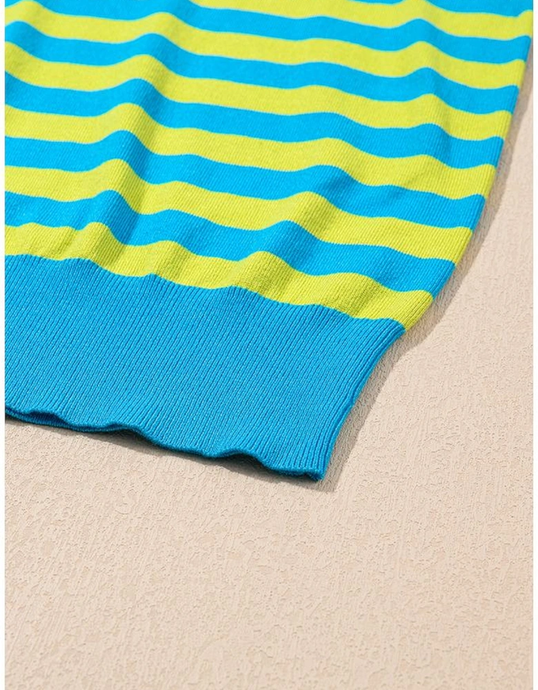 Green Stripe Crew Neck Drop Shoulder Casual Sweater