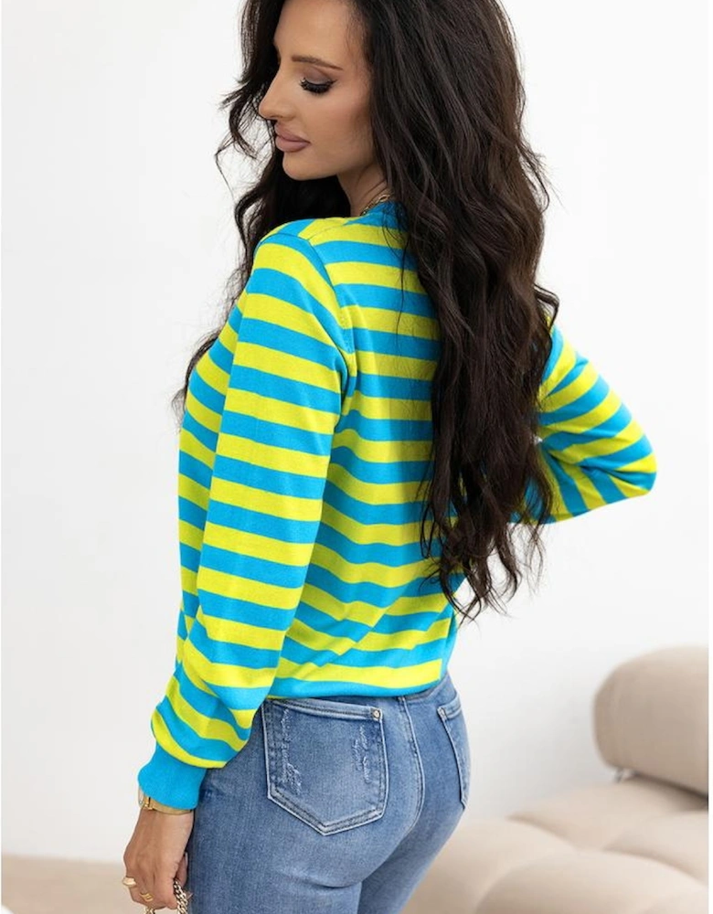 Green Stripe Crew Neck Drop Shoulder Casual Sweater