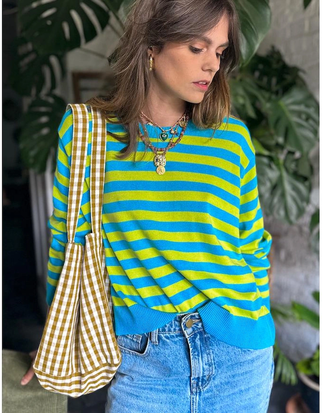 Green Stripe Crew Neck Drop Shoulder Casual Sweater