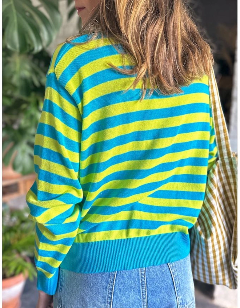 Green Stripe Crew Neck Drop Shoulder Casual Sweater