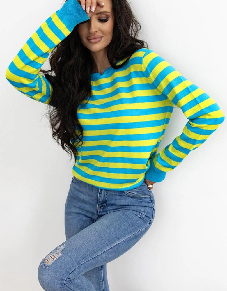 Green Stripe Crew Neck Drop Shoulder Casual Sweater
