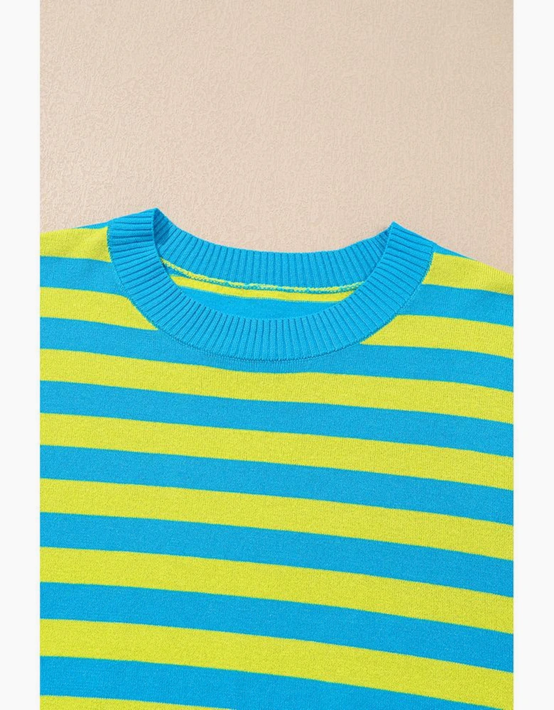 Green Stripe Crew Neck Drop Shoulder Casual Sweater