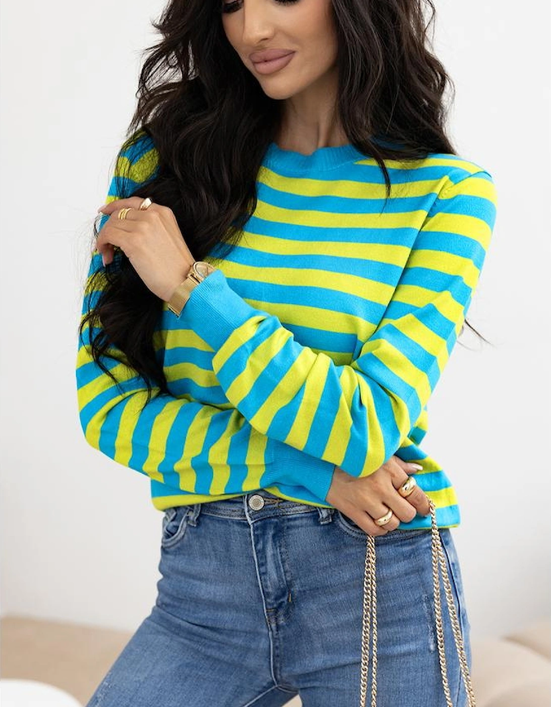 Green Stripe Crew Neck Drop Shoulder Casual Sweater