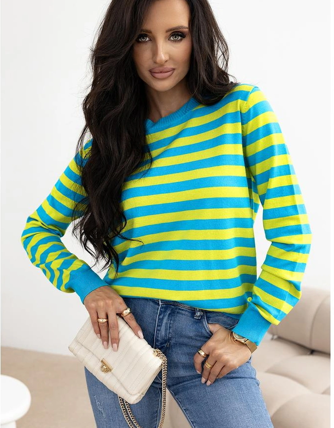 Green Stripe Crew Neck Drop Shoulder Casual Sweater