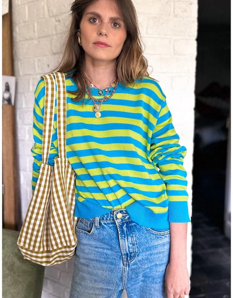 Green Stripe Crew Neck Drop Shoulder Casual Sweater