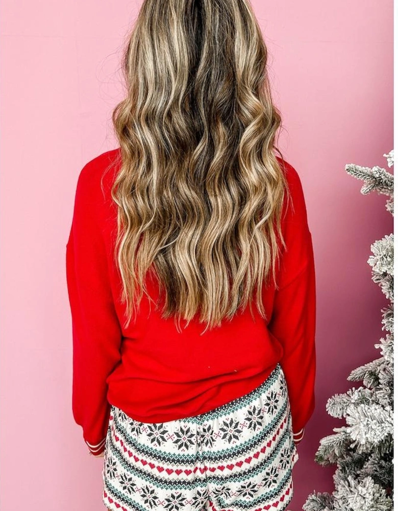 Fiery Red SLEIGH Snowflake Print Long Sleeve Wide Leg Lounge Set