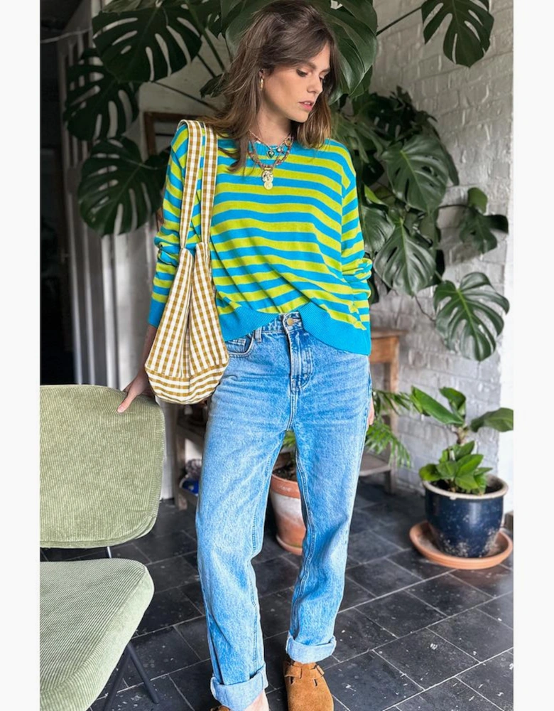 Green Stripe Crew Neck Drop Shoulder Casual Sweater