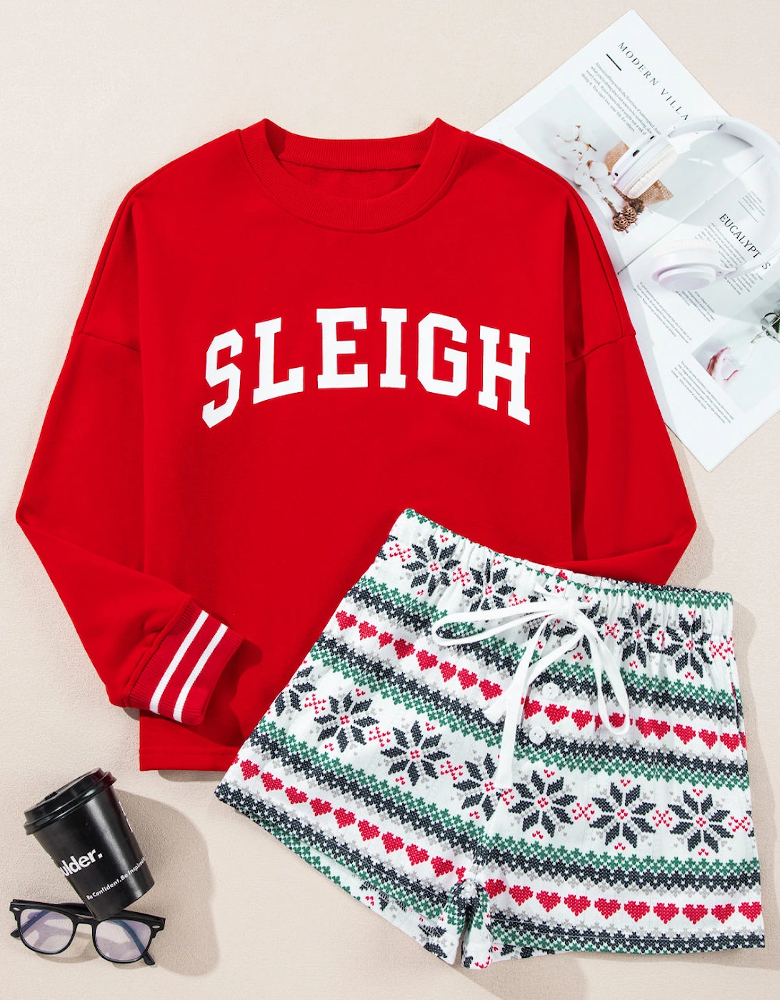 Fiery Red SLEIGH Snowflake Print Long Sleeve Wide Leg Lounge Set