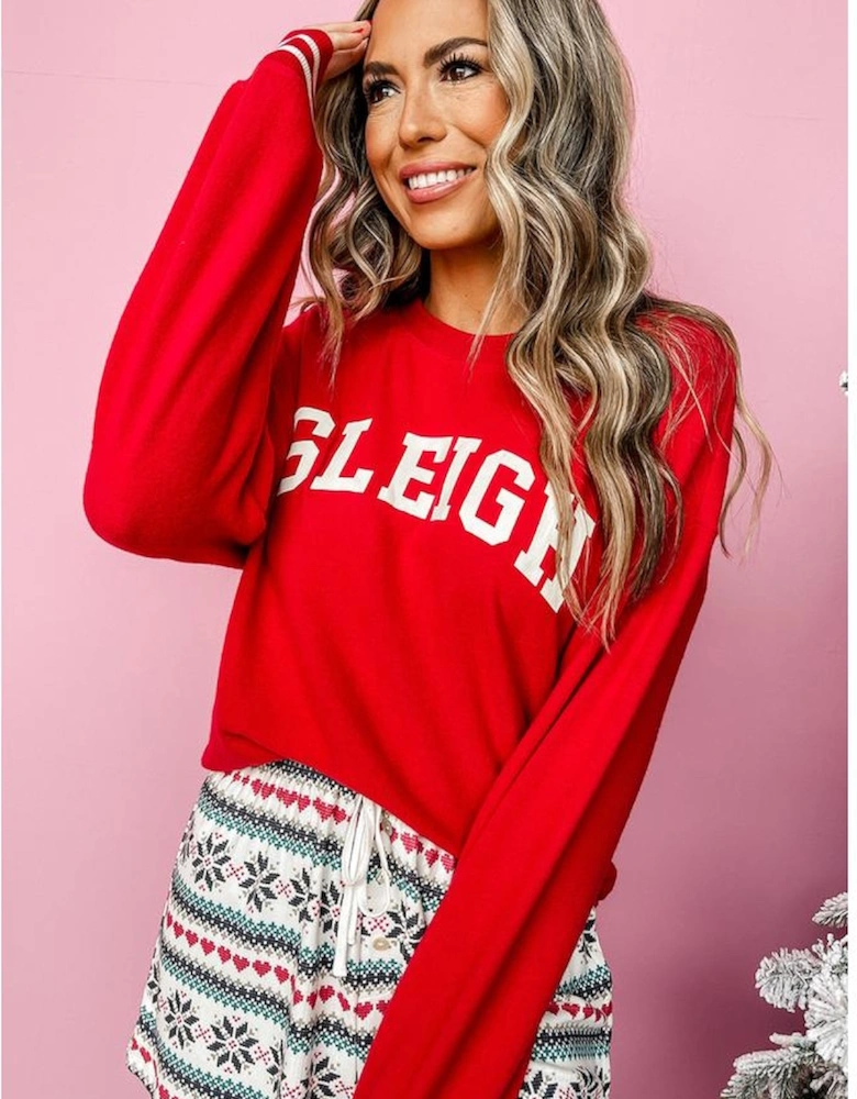 Fiery Red SLEIGH Snowflake Print Long Sleeve Wide Leg Lounge Set
