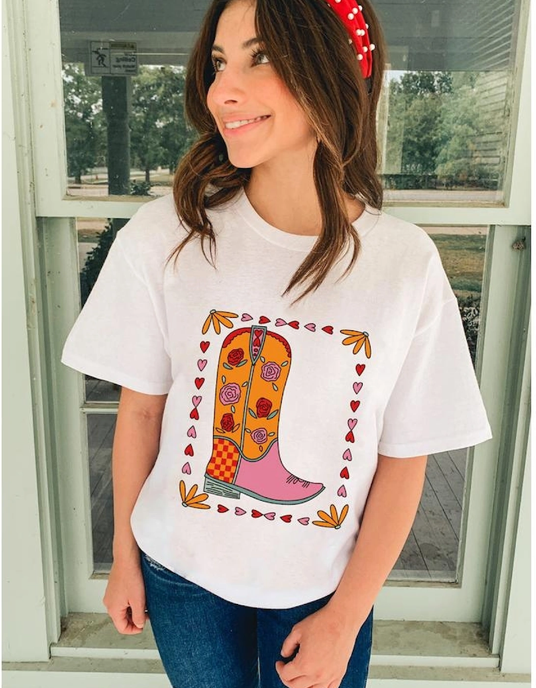 White Floral Cowgirl Boots Printed Casual T Shirt