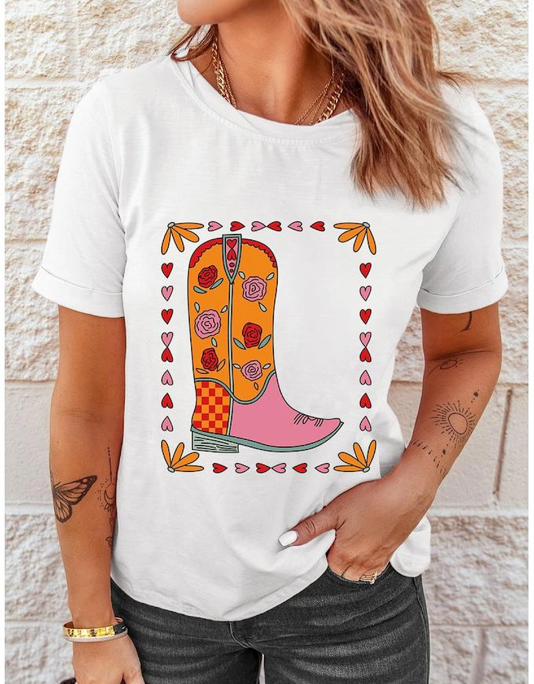 White Floral Cowgirl Boots Printed Casual T Shirt