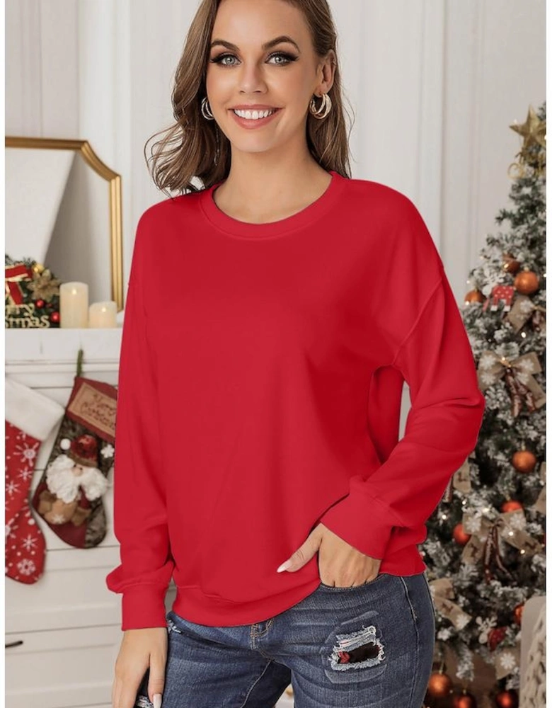 Red Plain Crew Neck Pullover Sweatshirt