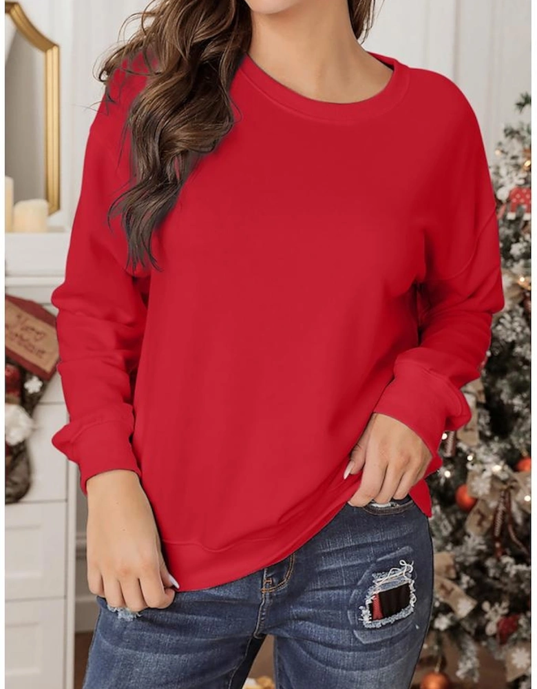 Red Plain Crew Neck Pullover Sweatshirt