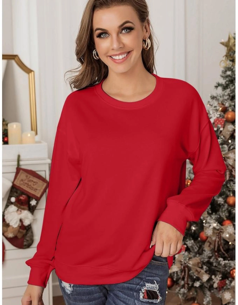 Red Plain Crew Neck Pullover Sweatshirt