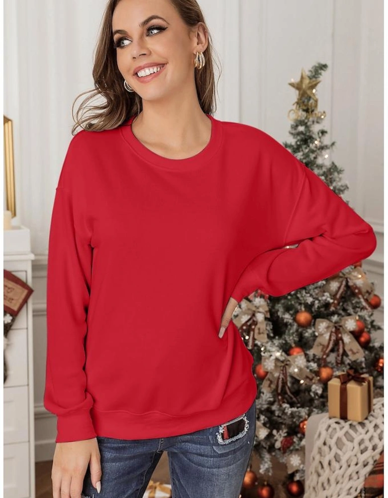Red Plain Crew Neck Pullover Sweatshirt