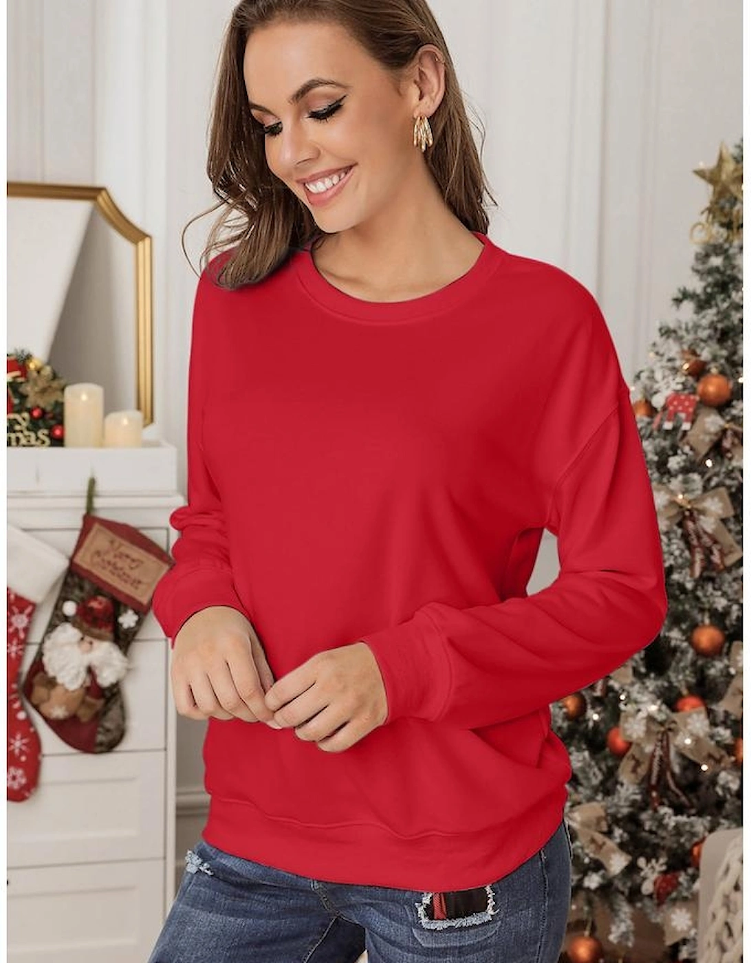Red Plain Crew Neck Pullover Sweatshirt