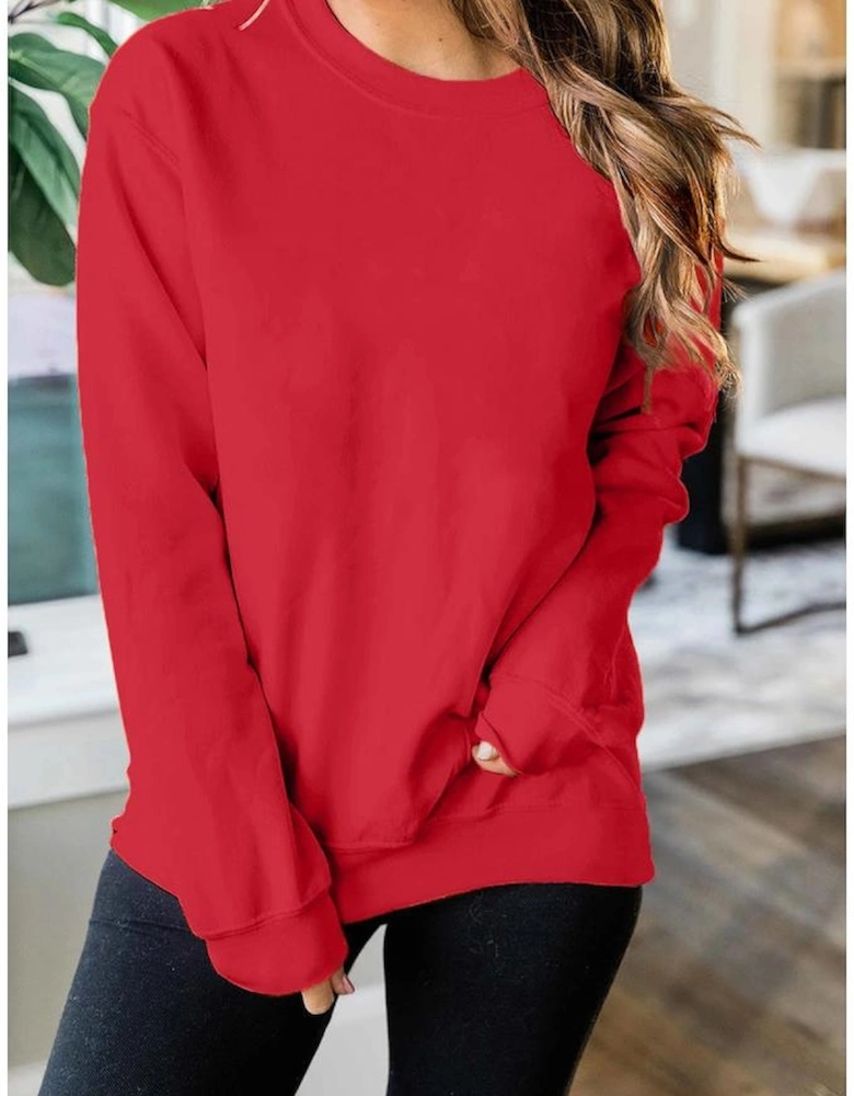 Red Plain Crew Neck Pullover Sweatshirt