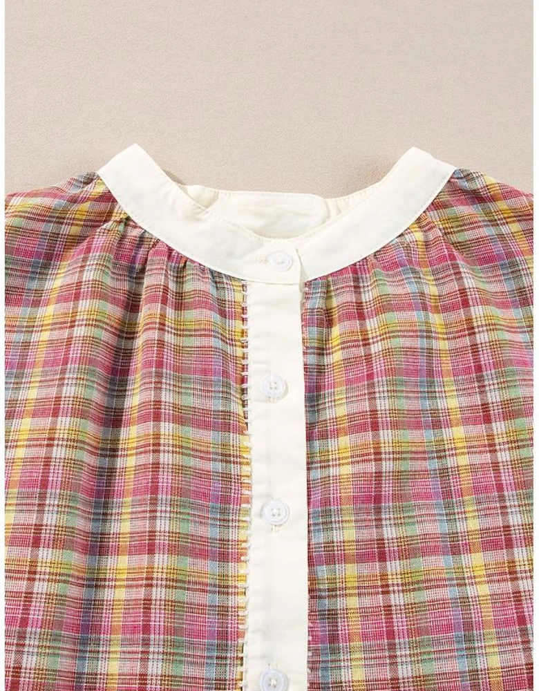 Pink Colorblock Plaid Patchwork Henley Blouse