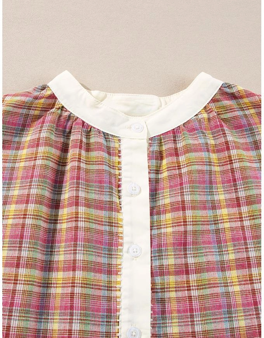 Pink Colorblock Plaid Patchwork Henley Blouse, 10 of 9