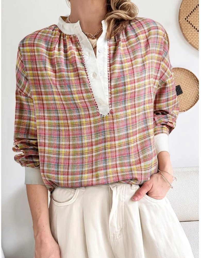 Pink Colorblock Plaid Patchwork Henley Blouse