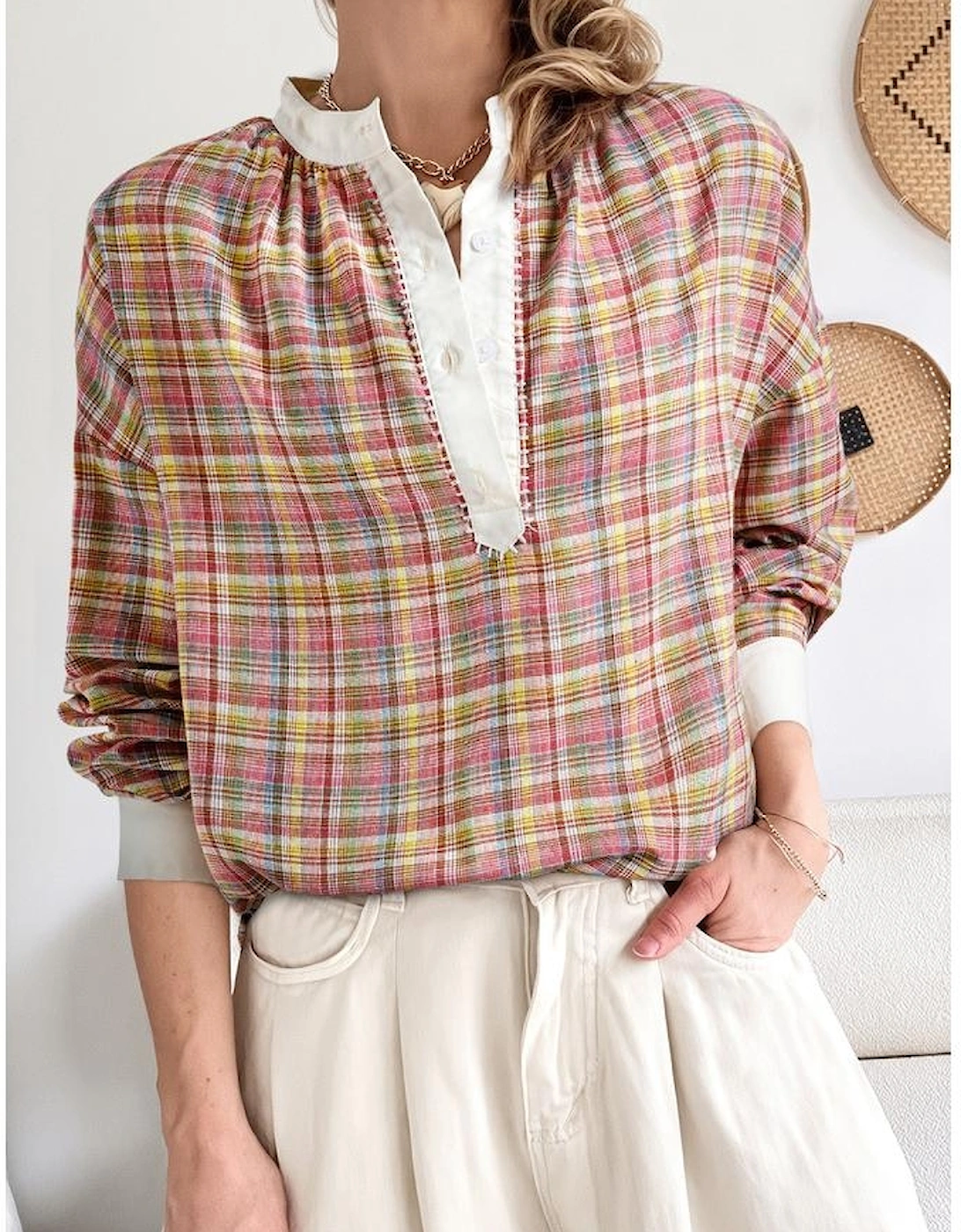 Pink Colorblock Plaid Patchwork Henley Blouse
