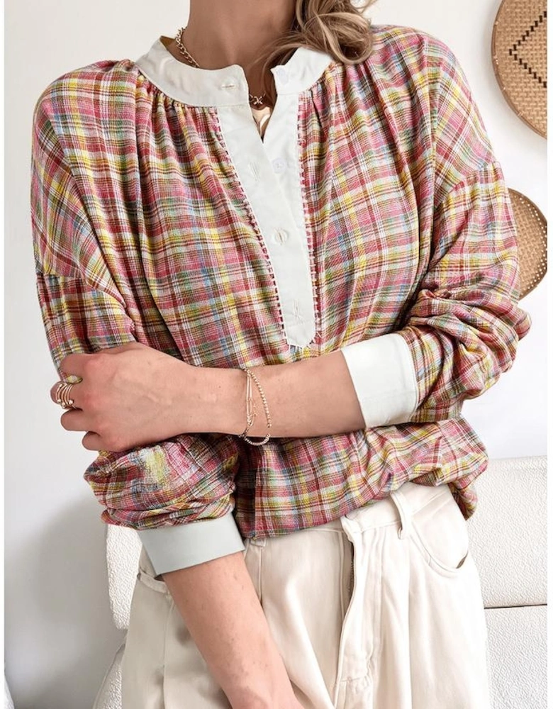 Pink Colorblock Plaid Patchwork Henley Blouse