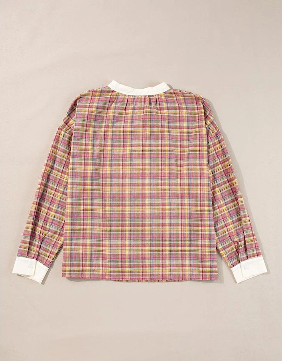 Pink Colorblock Plaid Patchwork Henley Blouse