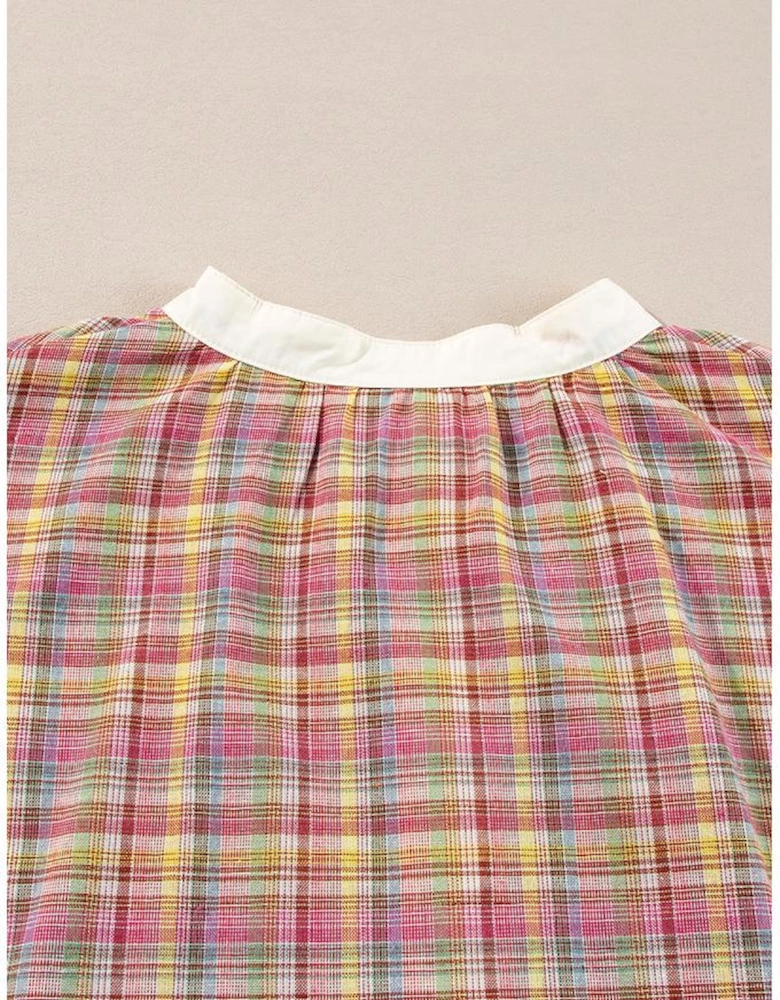 Pink Colorblock Plaid Patchwork Henley Blouse