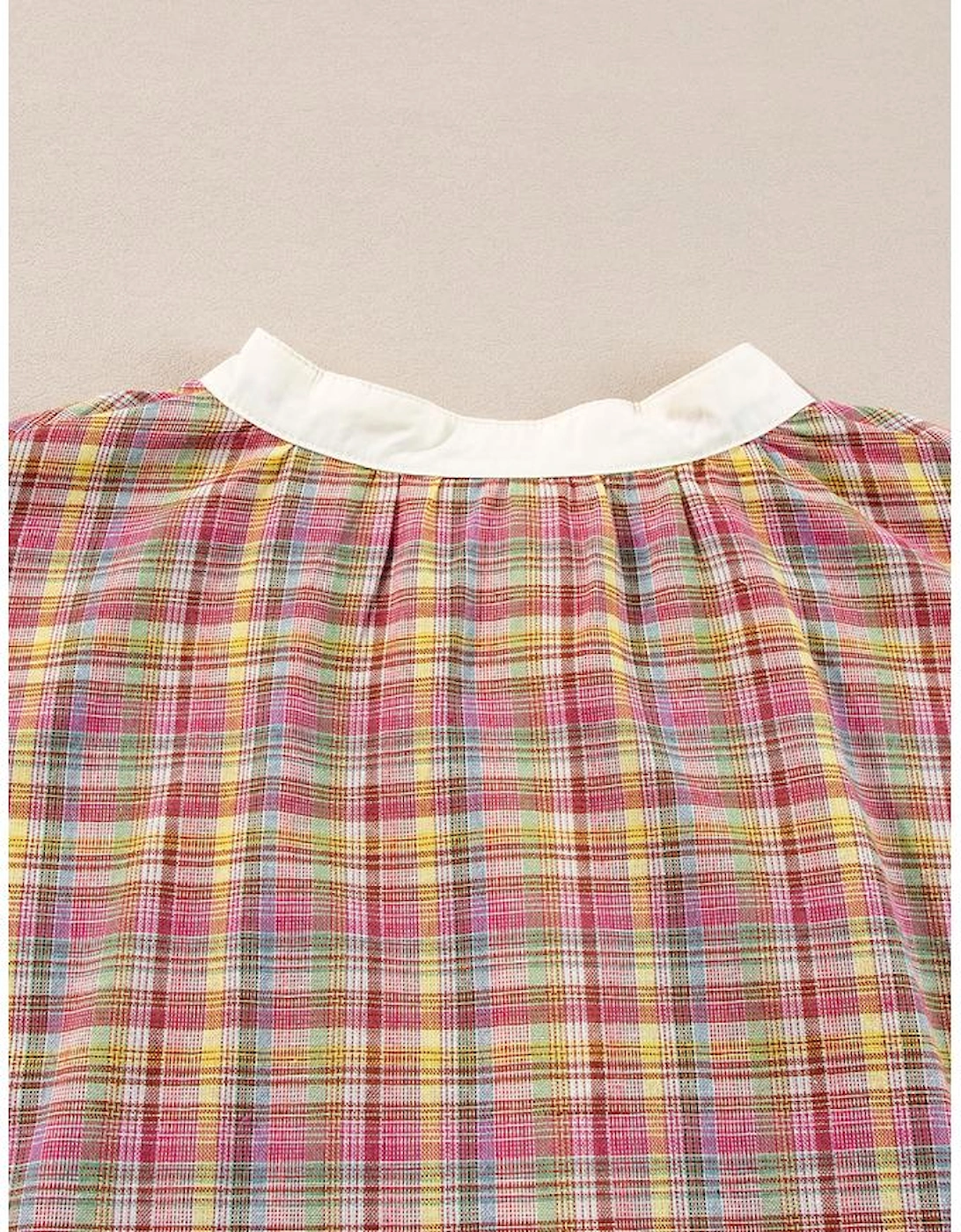 Pink Colorblock Plaid Patchwork Henley Blouse