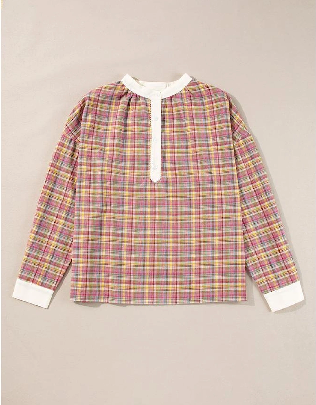 Pink Colorblock Plaid Patchwork Henley Blouse