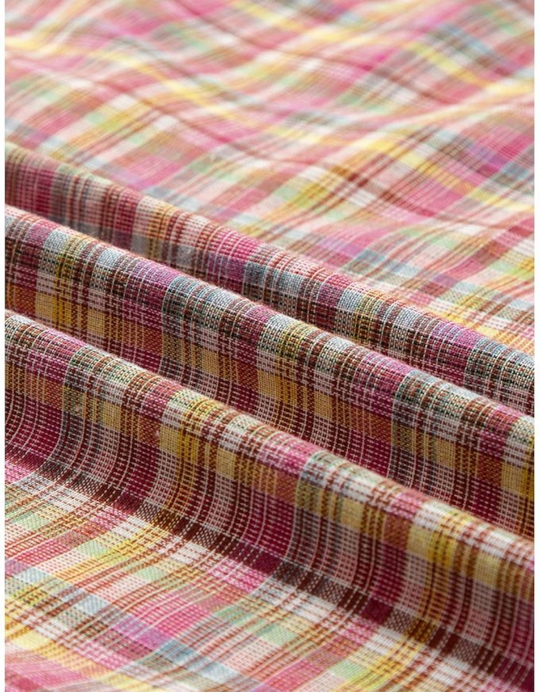 Pink Colorblock Plaid Patchwork Henley Blouse