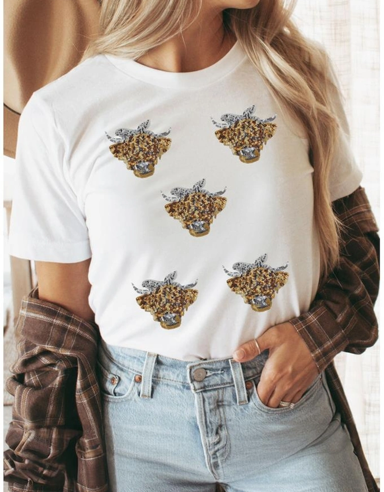 White Western Bow Heifer Graphic Casual T Shirt