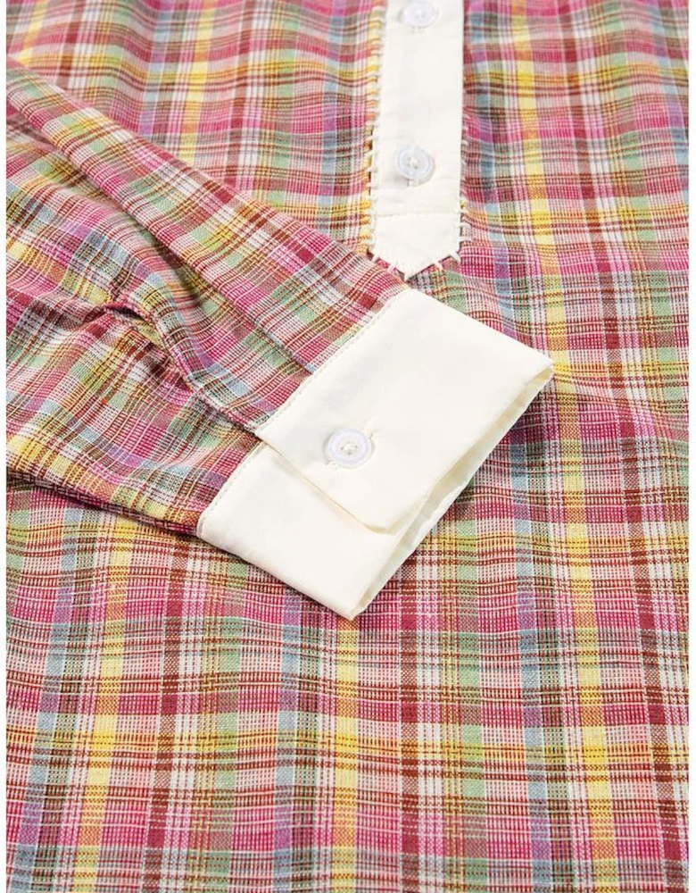 Pink Colorblock Plaid Patchwork Henley Blouse