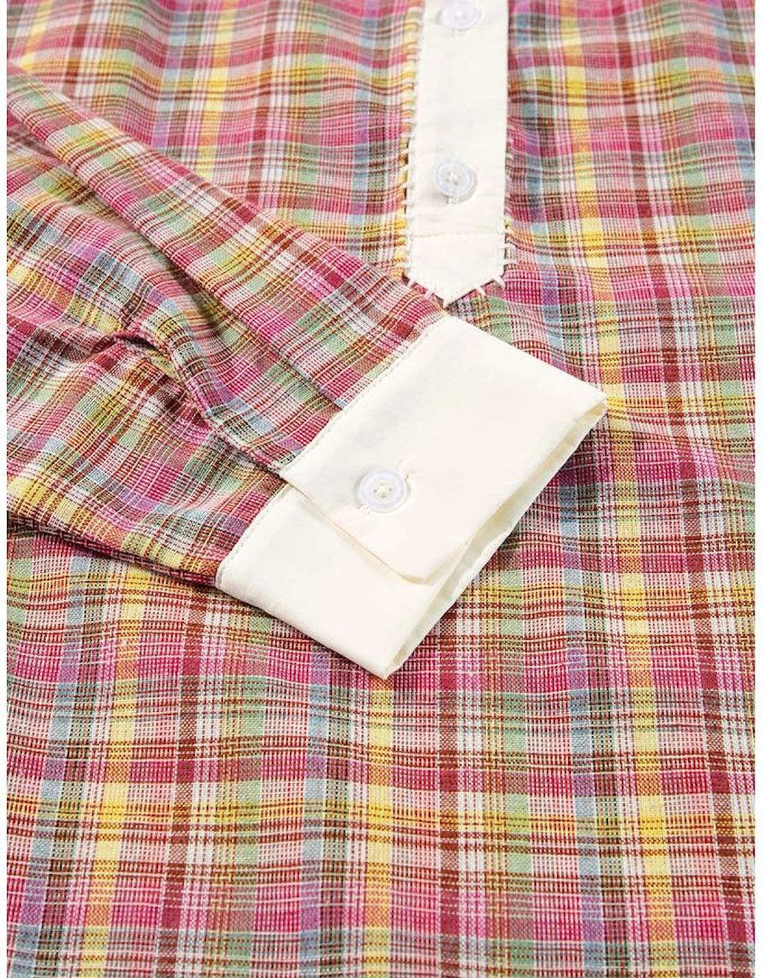 Pink Colorblock Plaid Patchwork Henley Blouse