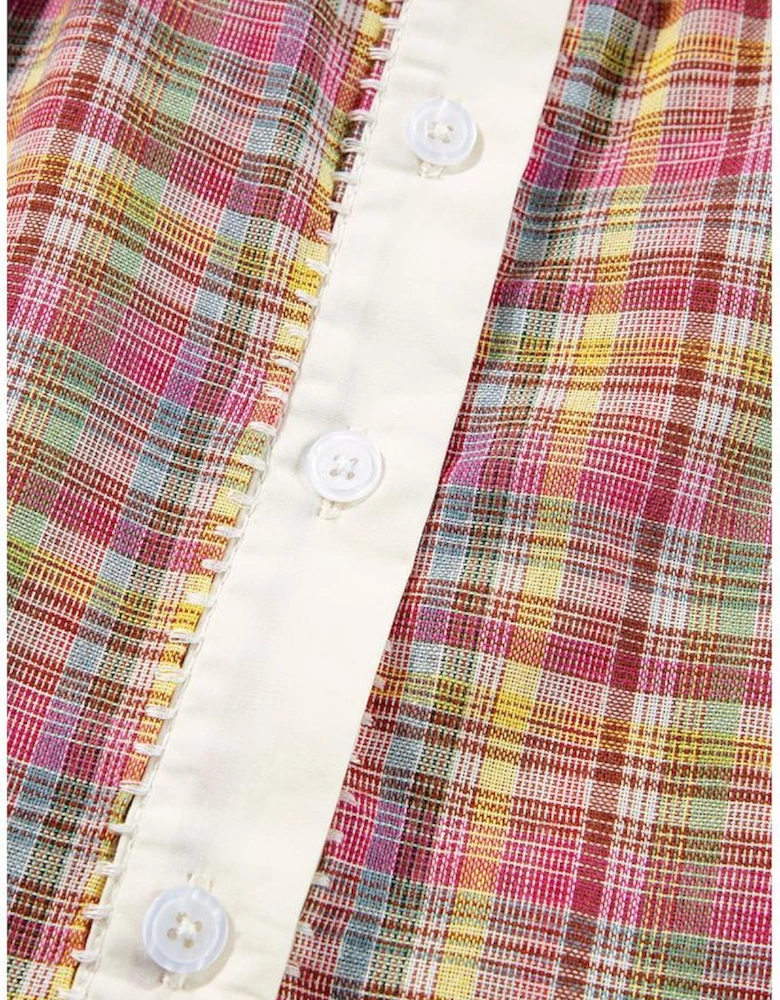 Pink Colorblock Plaid Patchwork Henley Blouse