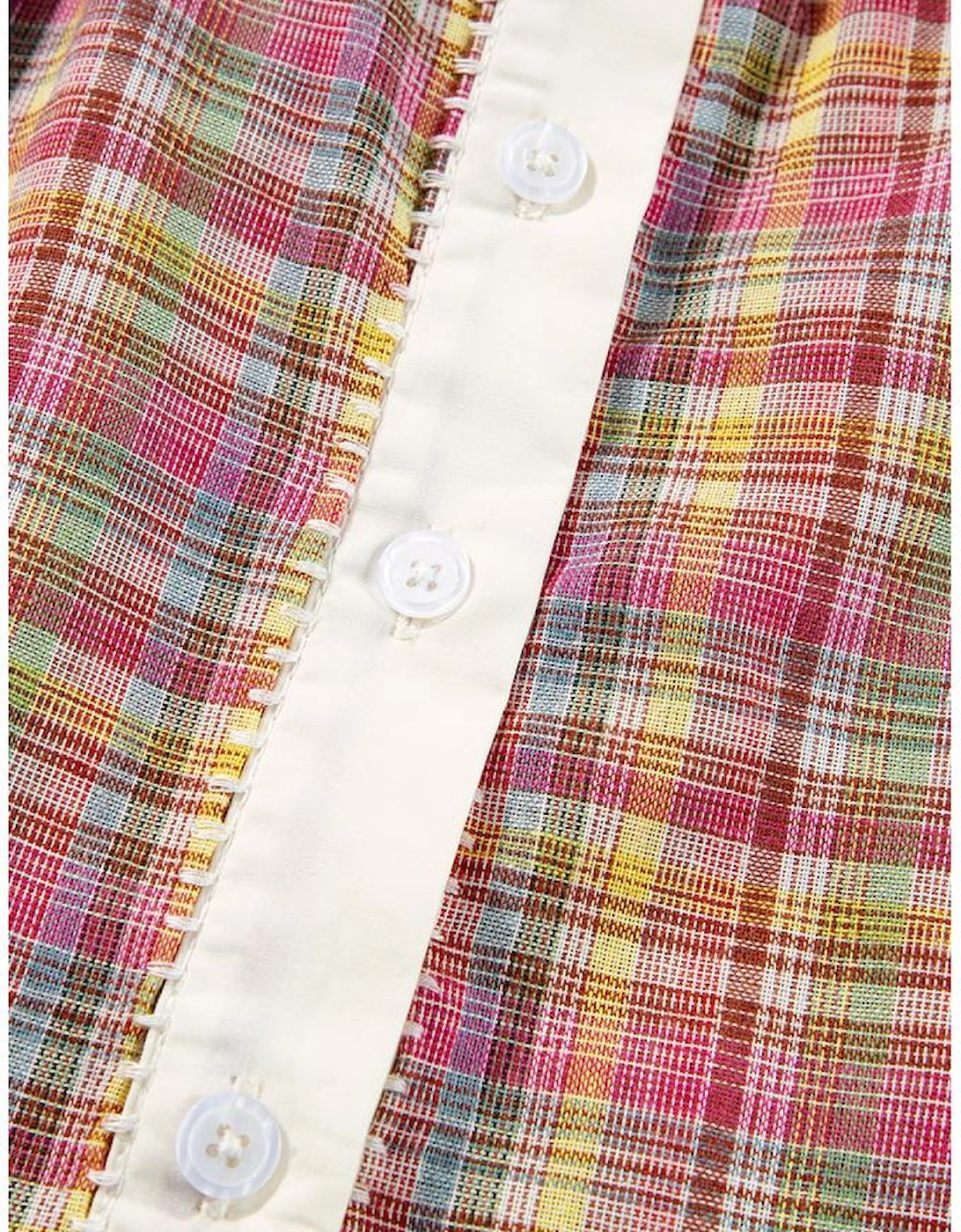 Pink Colorblock Plaid Patchwork Henley Blouse