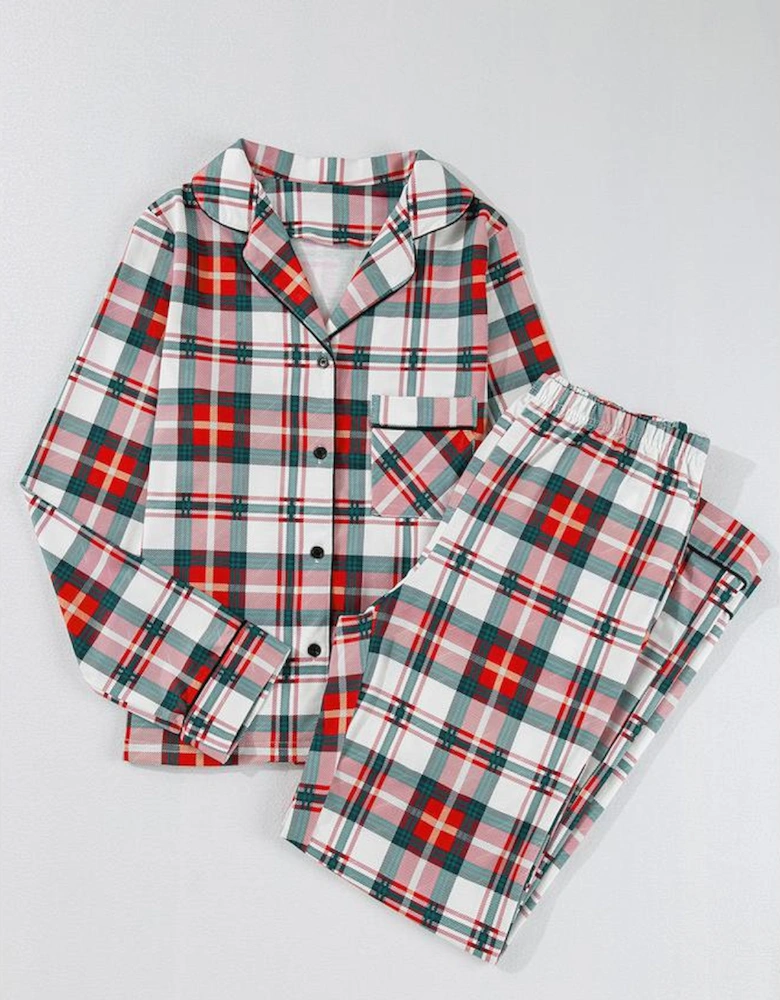 Red Christmas Plaid Print Two Piece Long Sleeve Pajamas Set