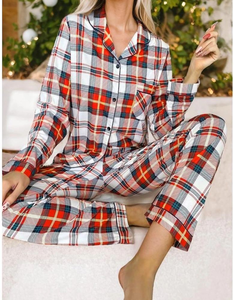 Red Christmas Plaid Print Two Piece Long Sleeve Pajamas Set