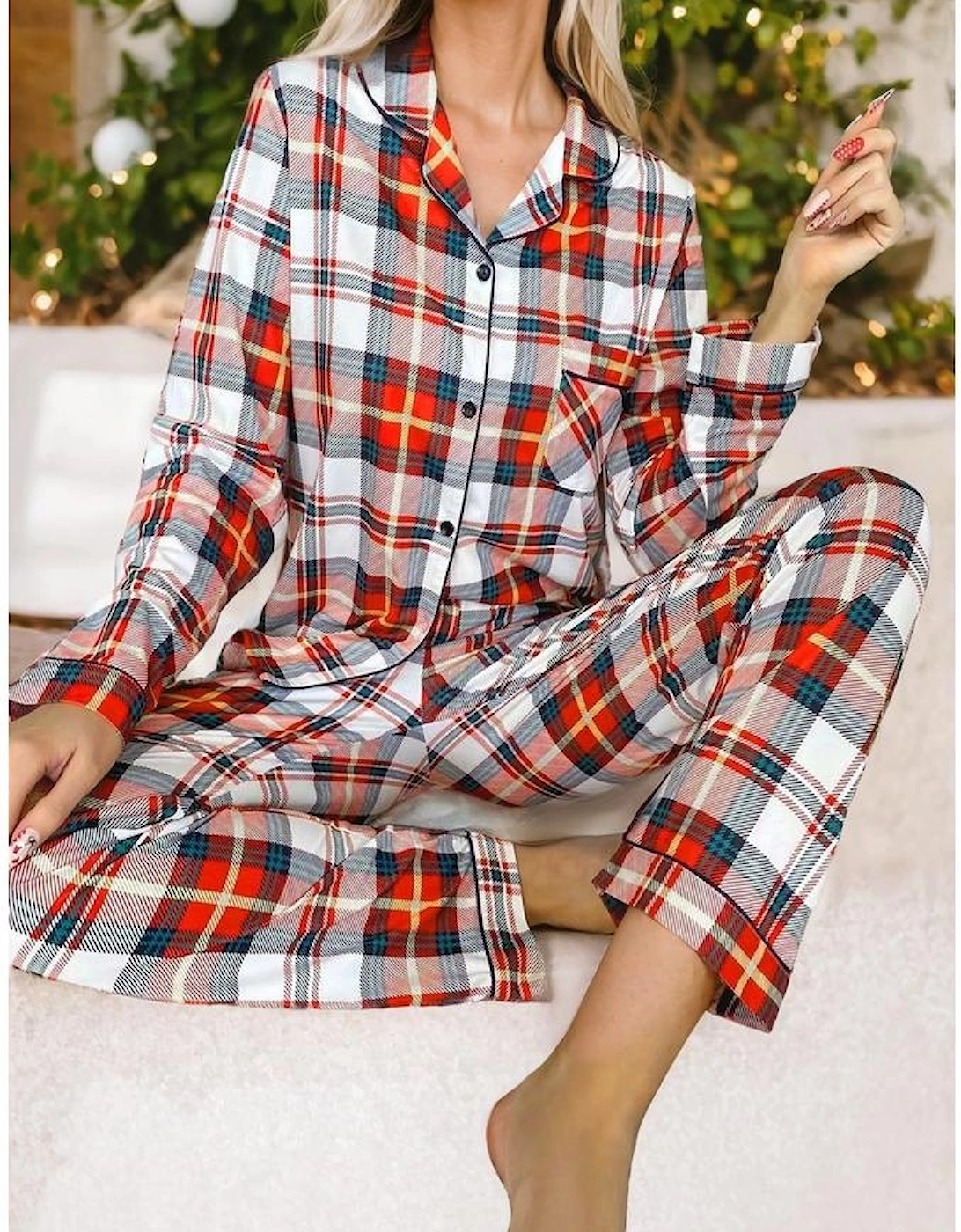 Red Christmas Plaid Print Two Piece Long Sleeve Pajamas Set, 14 of 13