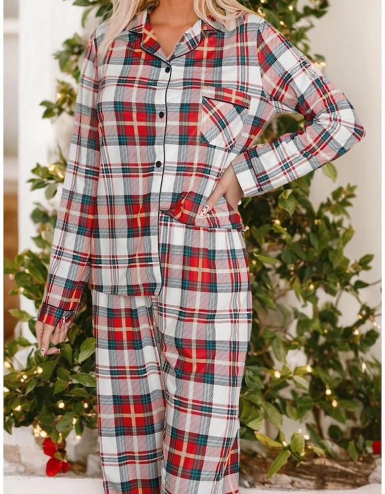 Red Christmas Plaid Print Two Piece Long Sleeve Pajamas Set
