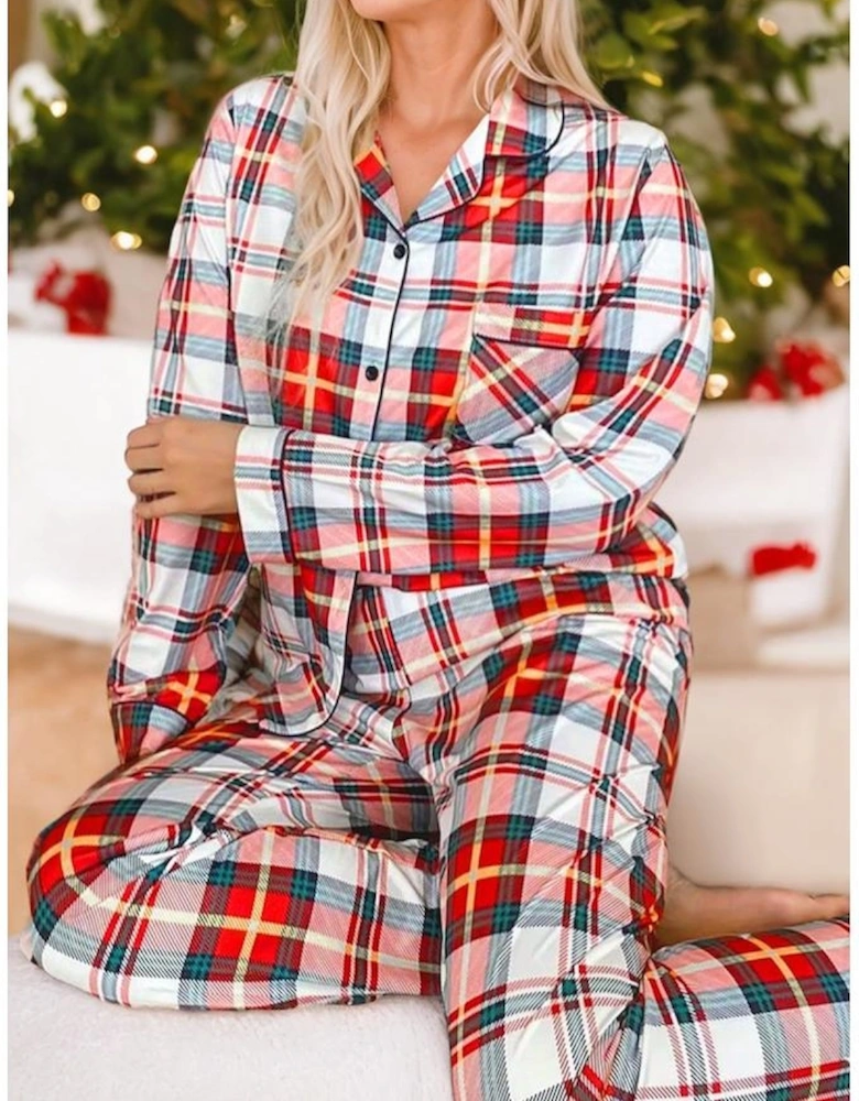 Red Christmas Plaid Print Two Piece Long Sleeve Pajamas Set